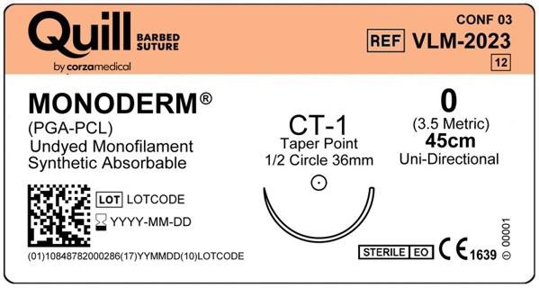 Монодерм (Monoderm), незабарвлений, 0,45см (cm), колюча голка (Taper Point), CT-1 (36мм (mm) 1/2 кола), односпрямований